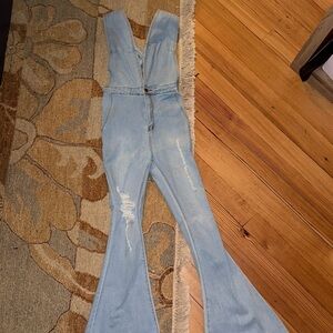 Light Blue Denim Flared Jumpsuit